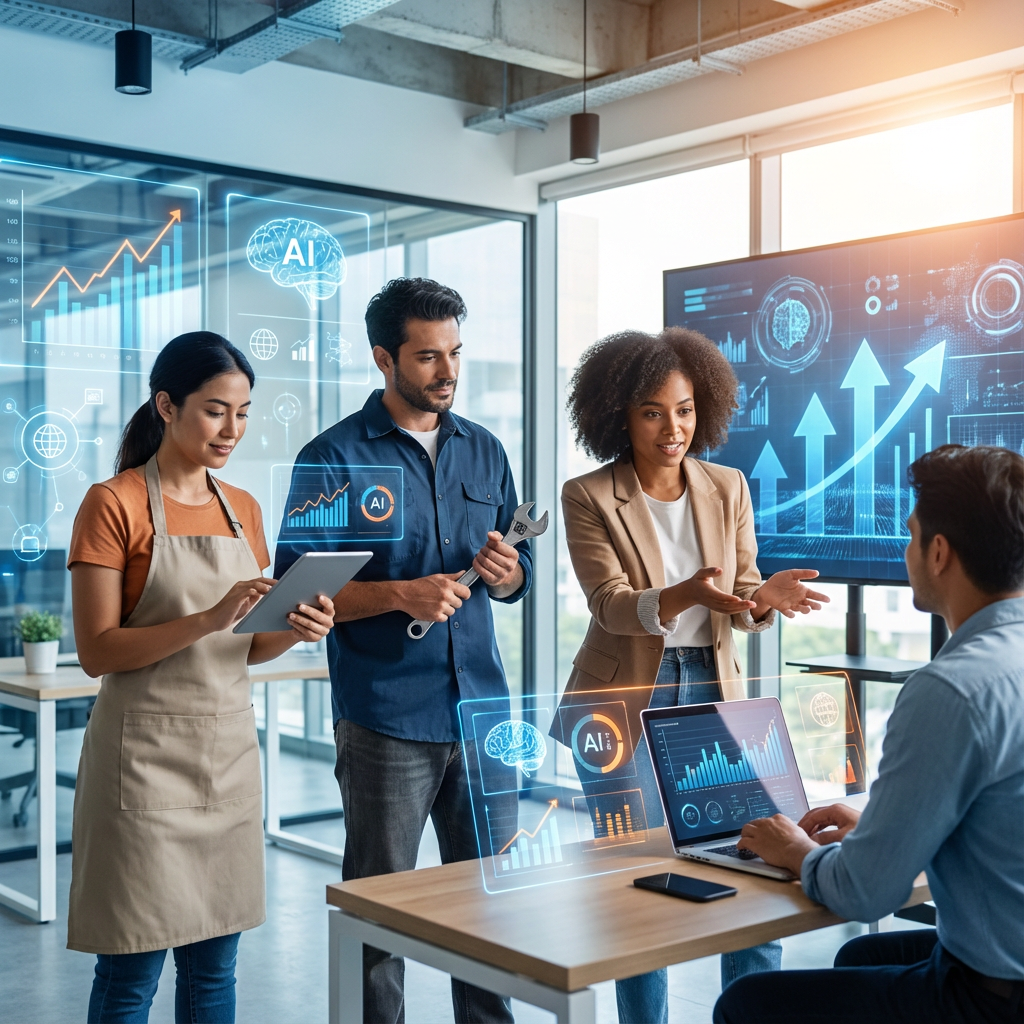 A diverse small-business team reviewing AI-enabled business insights together